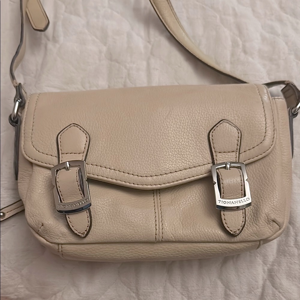 Tignanello Cream Crossbody Bag Pebbled genuine Leather buckle purse long strap